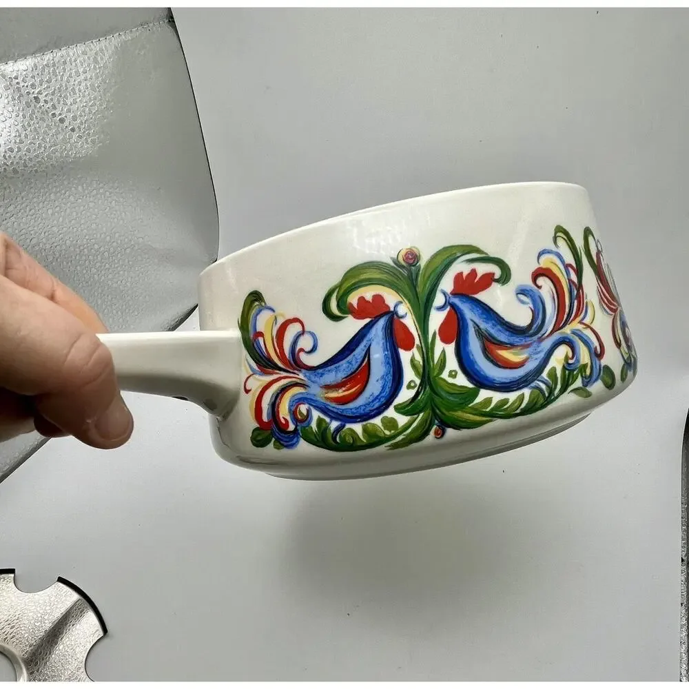 Vtg Villeroy & Boch Rooster Design Fondue Pot With Glass Insert & Lid Porcelain